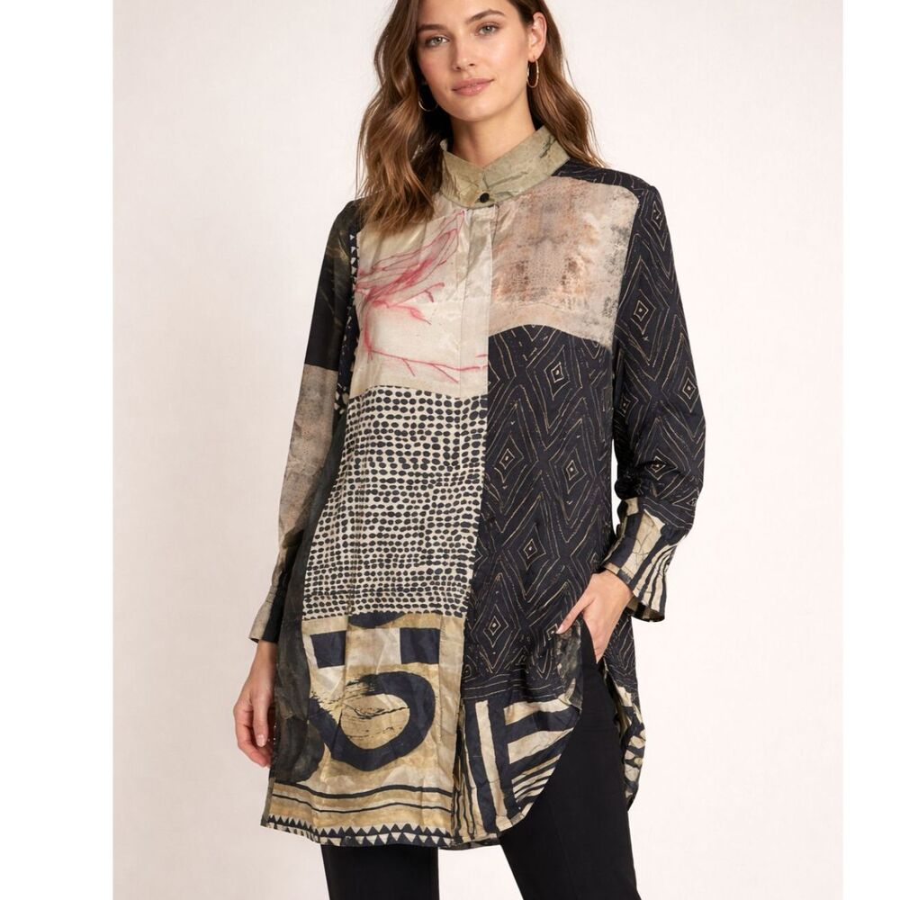 VTG Artsy Patchwork Button Down Tunic Shirt Oversized Wearable Art Boho /Sz 4